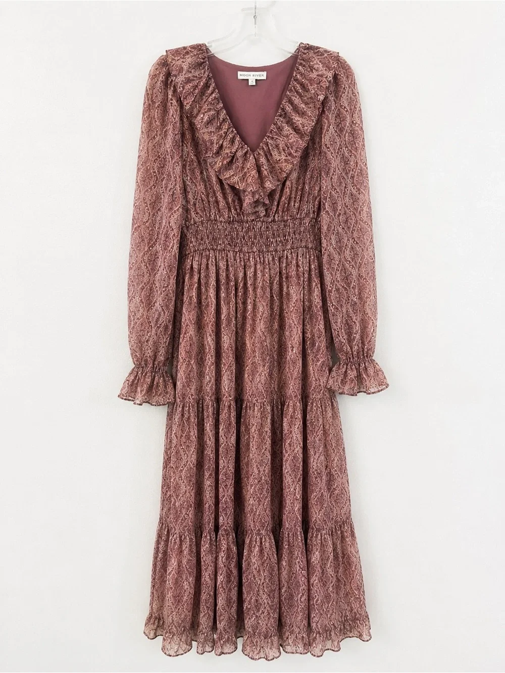 Moon River Anthropologie Dusty Rose Boho Prairie Cottagecore Tiered Maxi Dress S - Picture 2 of 6